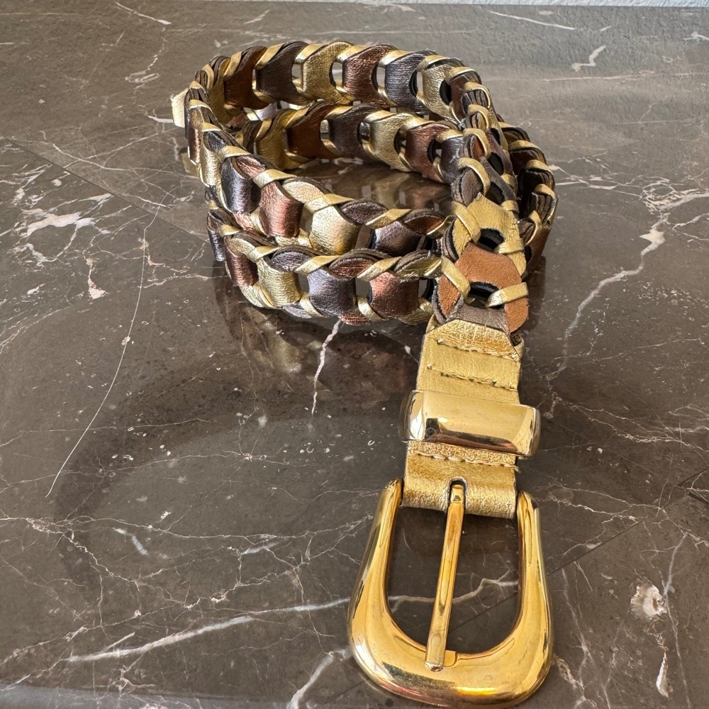 Vintage Tricolor Metallic Braided Leather Belt Gold Bronze Copper M/L 38 Inch